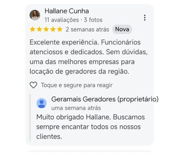 Avaliação 5 estrelas no Google sobre aluguel de gerador na GeraMais — depoimento 1
