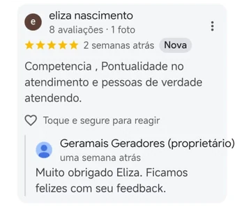 Avaliação 5 estrelas no Google sobre aluguel de gerador na GeraMais — depoimento 2