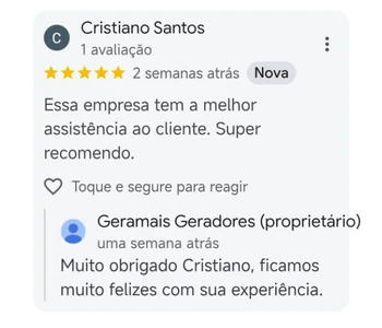 Avaliação 5 estrelas no Google sobre aluguel de gerador na GeraMais — depoimento 3
